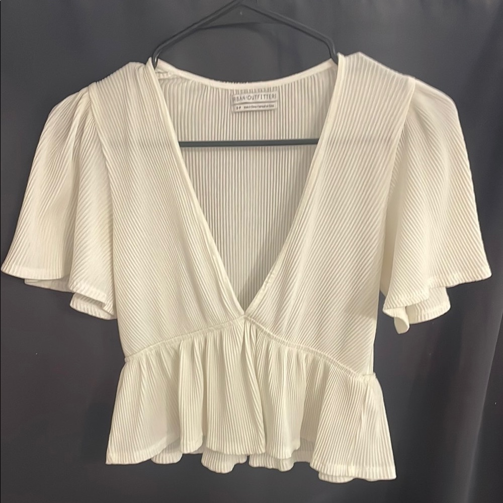 Urban Outfitters Cream Plunge Flutter Sleeve Ruffled Crop Top